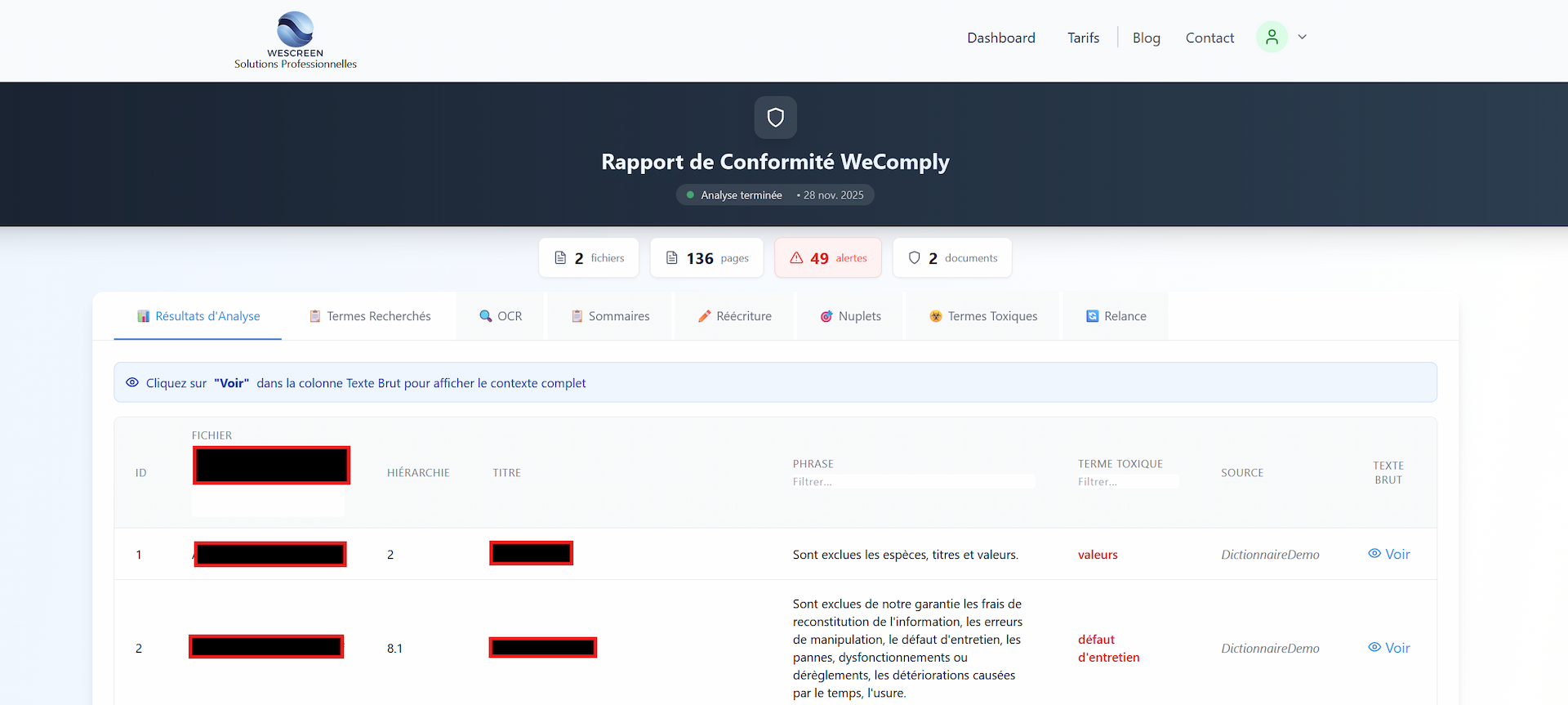 WeComply - Interface d'analyse